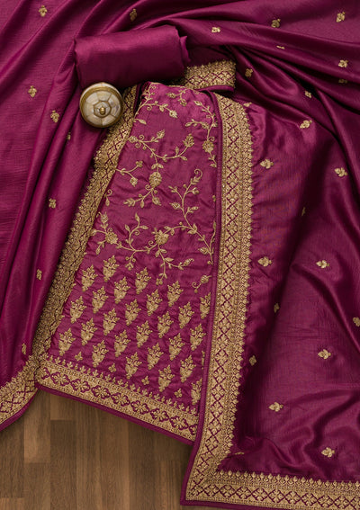 Purple Zariwork Art Silk Unstitched Salwar Kameez-Koskii