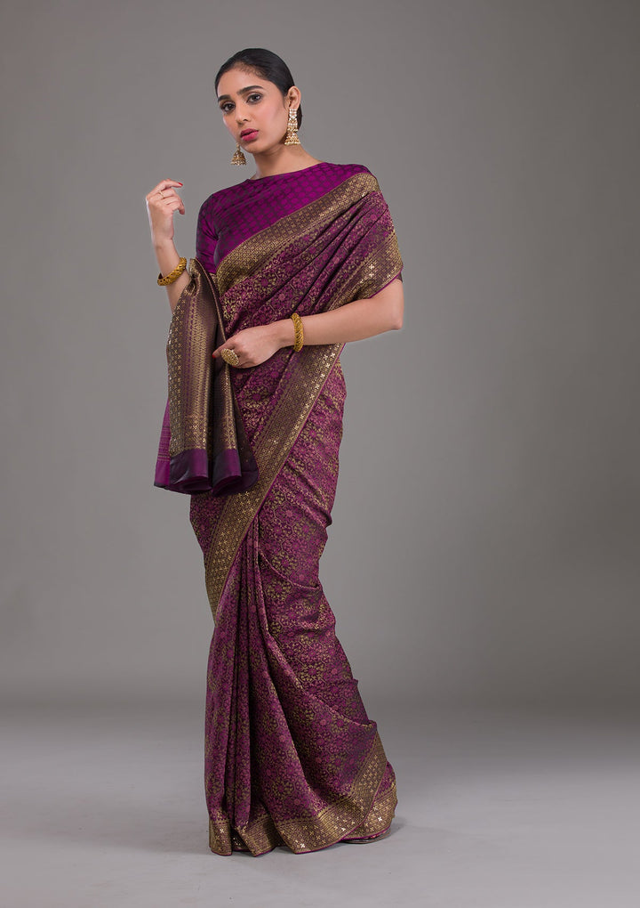 Purple Zariwork Brocade Saree-Koskii