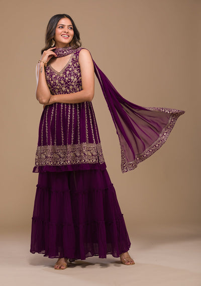 Purple Zariwork Georgette Readymade Salwar Kameez-Koskii