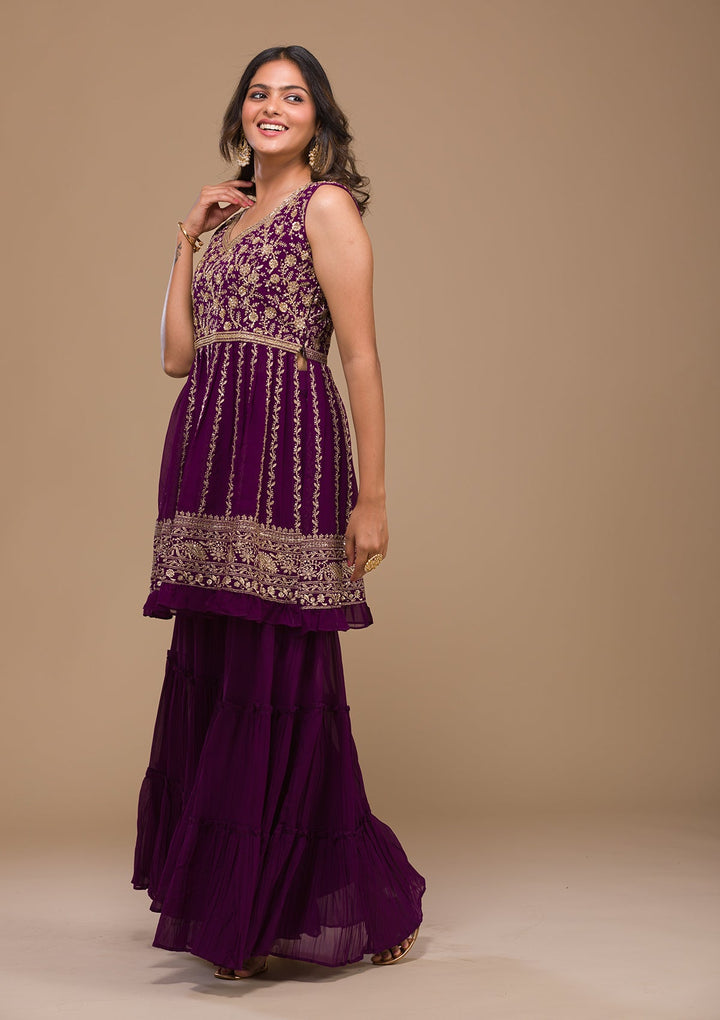 Purple Zariwork Georgette Readymade Salwar Kameez-Koskii