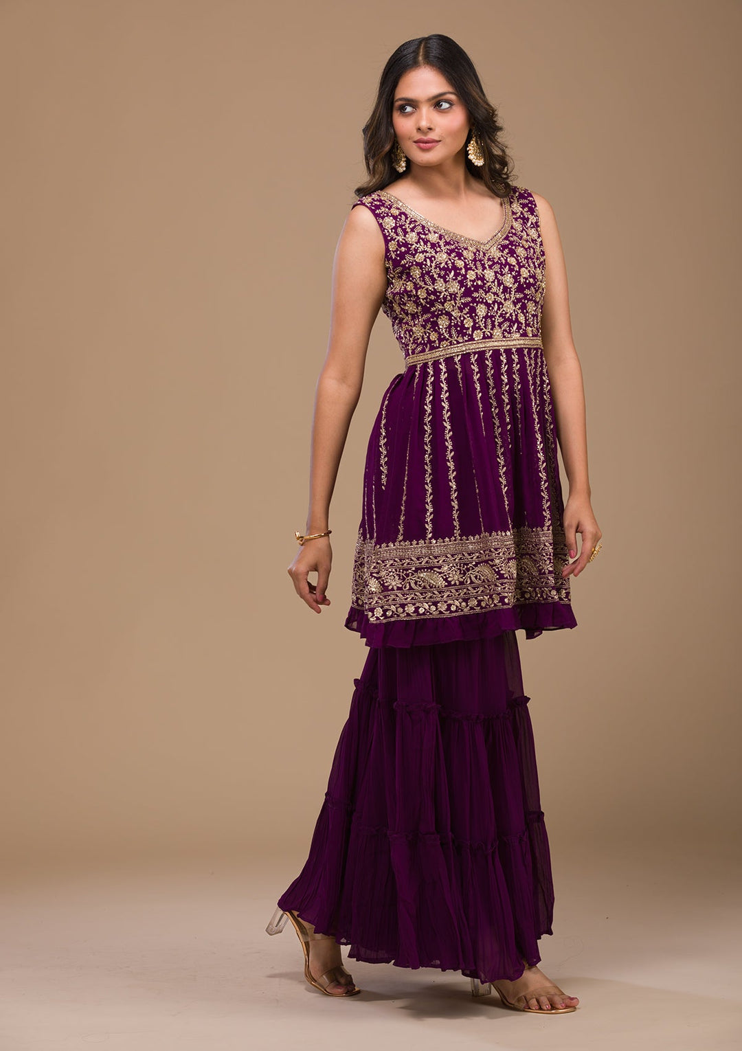 Purple Zariwork Georgette Readymade Salwar Kameez-Koskii