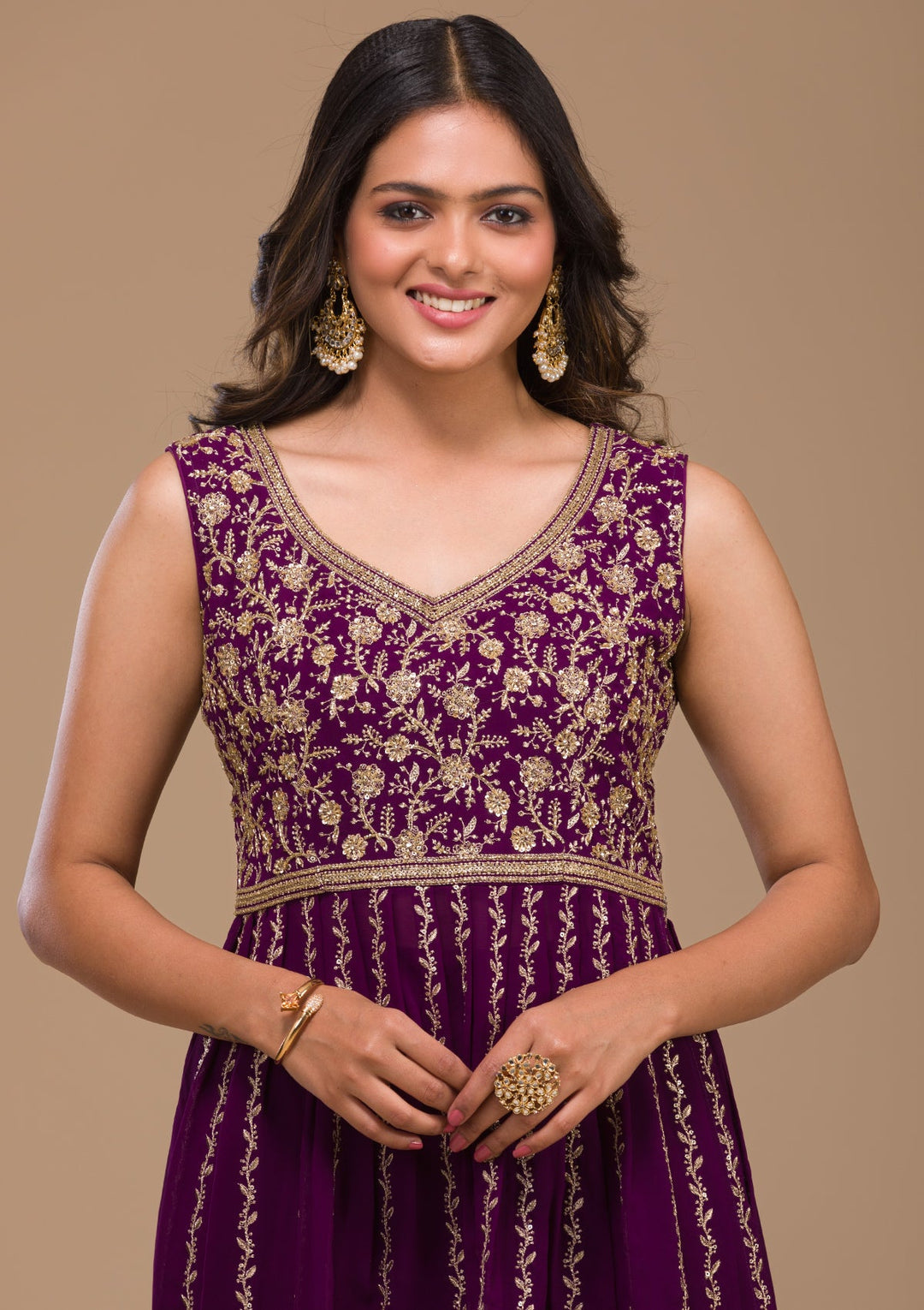 Purple Zariwork Georgette Readymade Salwar Kameez-Koskii