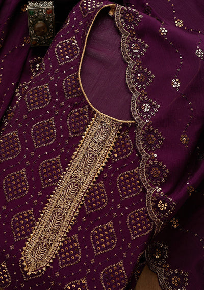 Purple Zariwork Georgette Unstitched Salwar Suit-Koskii