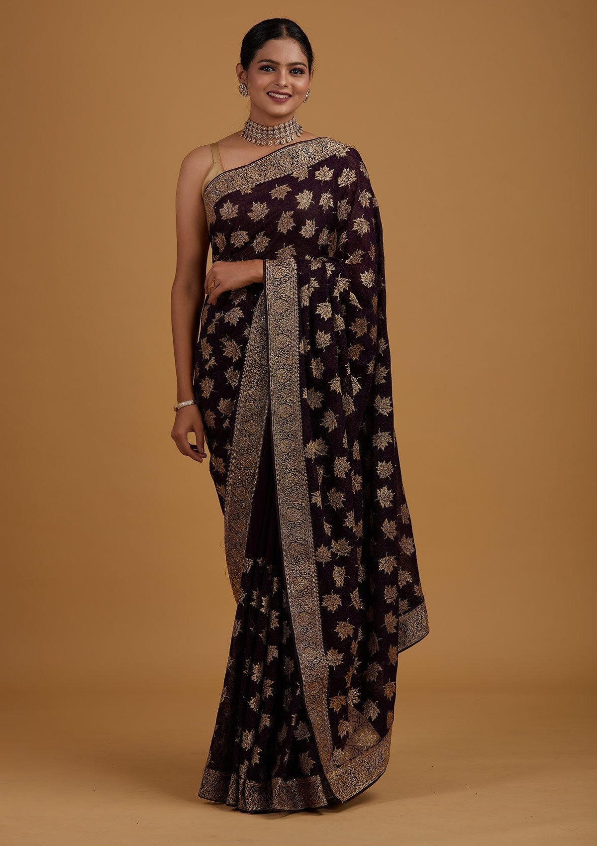 Purple Zariwork Georgette Designer Saree - Koskii