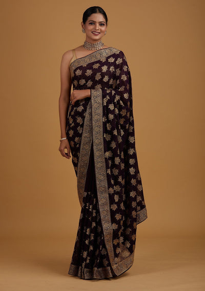 Purple Zariwork Georgette Designer Saree - Koskii