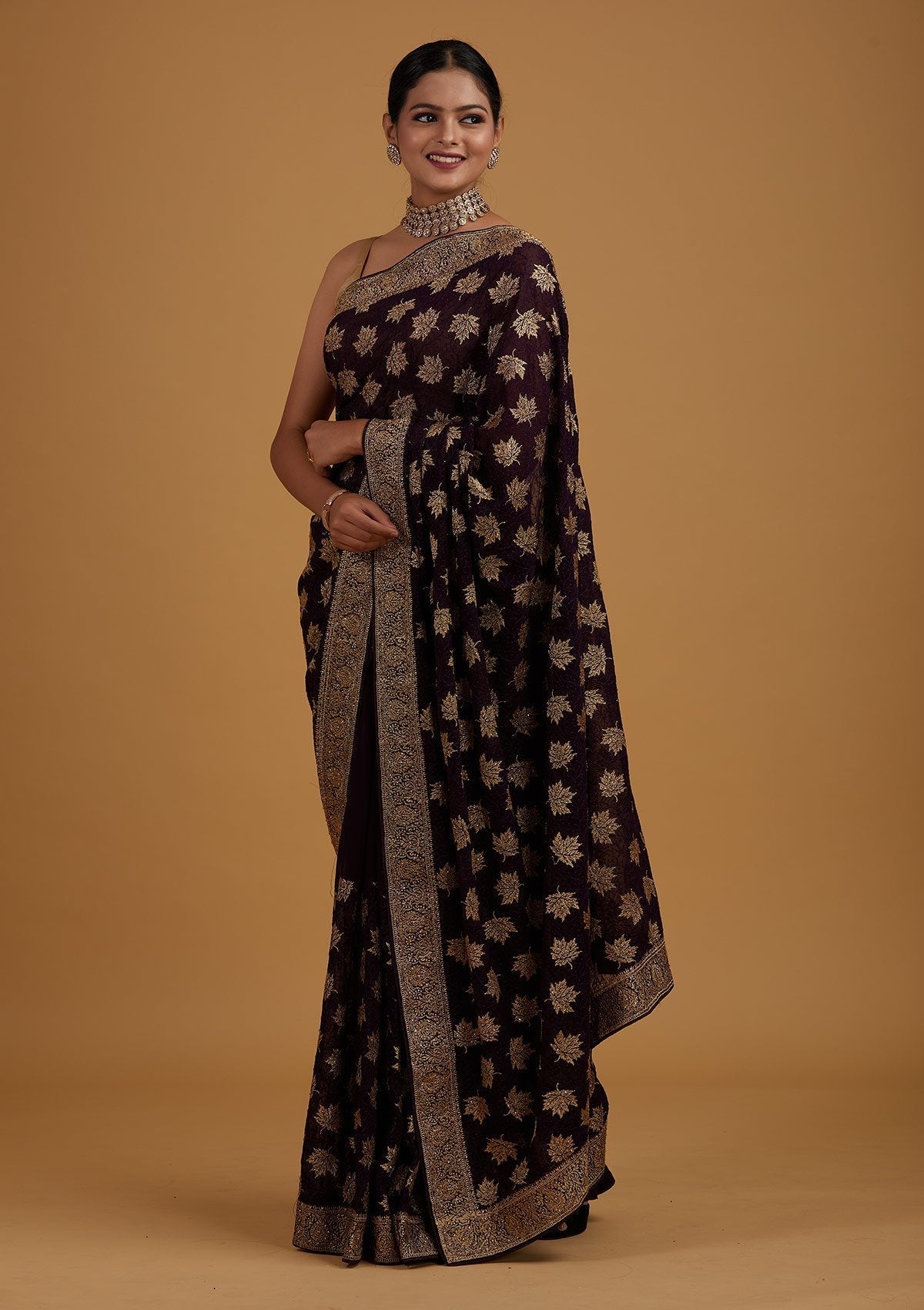 Purple Zariwork Georgette Designer Saree - Koskii