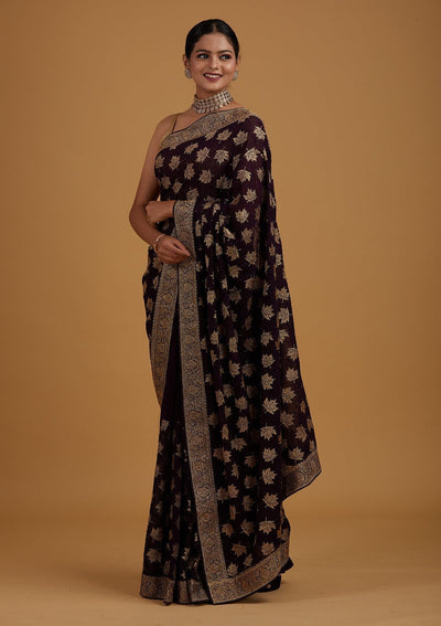 Purple Zariwork Georgette Designer Saree - Koskii