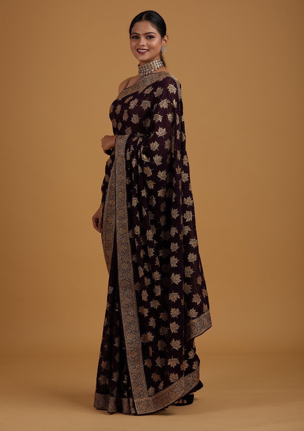 Purple Zariwork Georgette Designer Saree - Koskii
