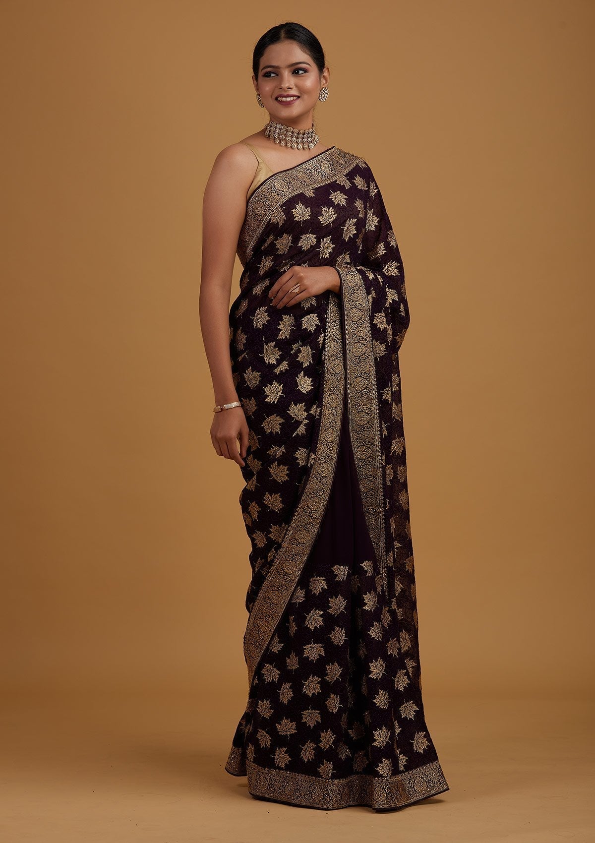 Purple Zariwork Georgette Designer Saree - Koskii