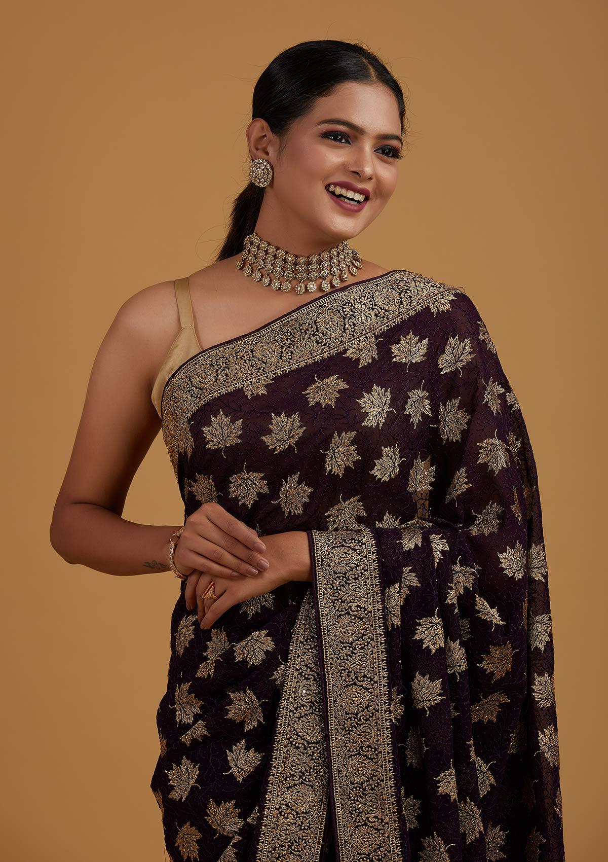 Purple Zariwork Georgette Designer Saree - Koskii