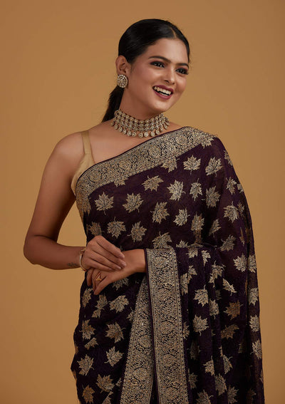 Purple Zariwork Georgette Designer Saree - Koskii