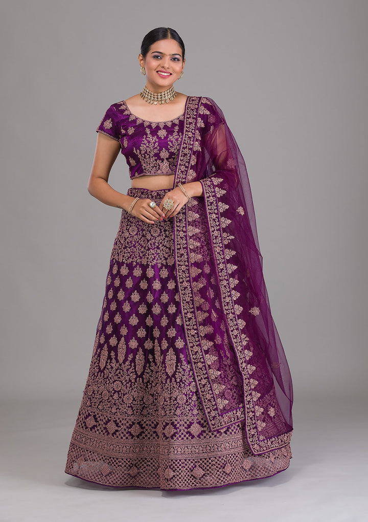 Purple Zariwork Net Semi Stitched Lehenga-Koskii