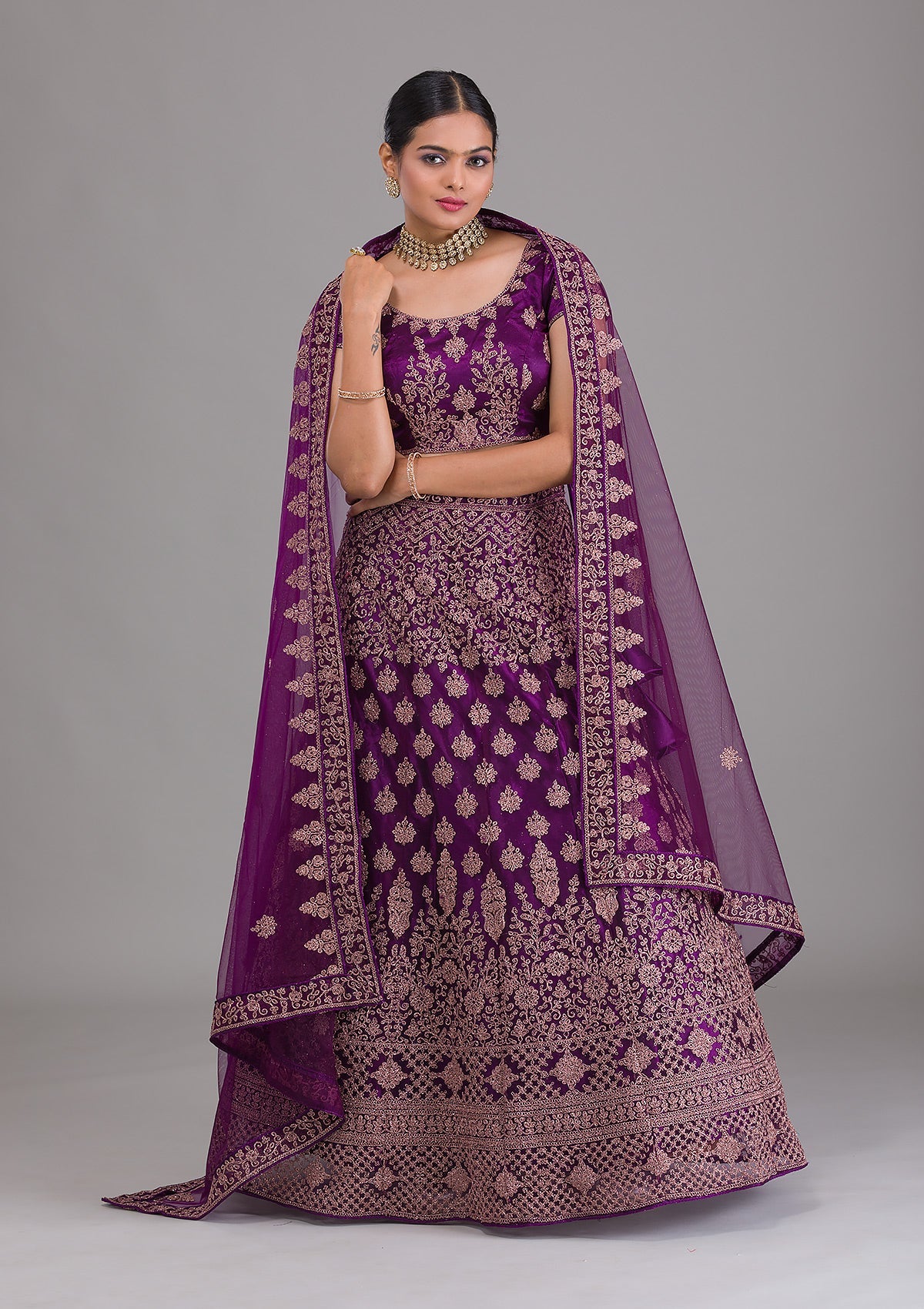 Purple Zariwork Net Semi Stitched Lehenga-Koskii