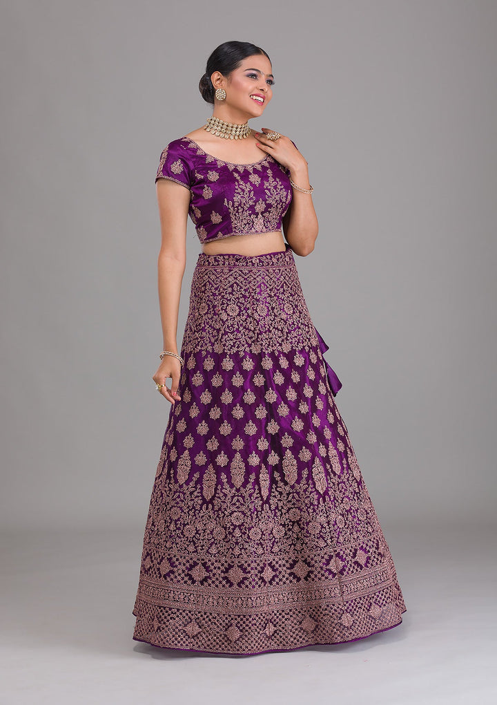 Purple Zariwork Net Semi Stitched Lehenga-Koskii