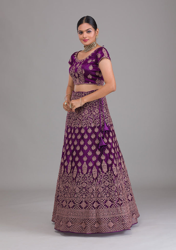 Purple Zariwork Net Semi Stitched Lehenga-Koskii