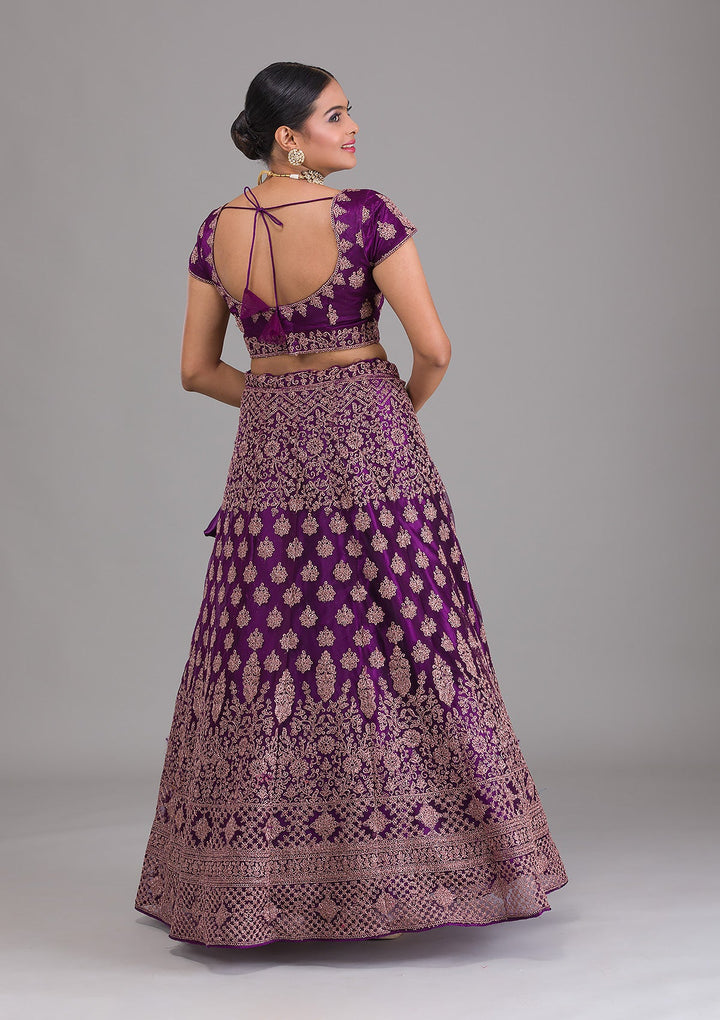 Purple Zariwork Net Semi Stitched Lehenga-Koskii