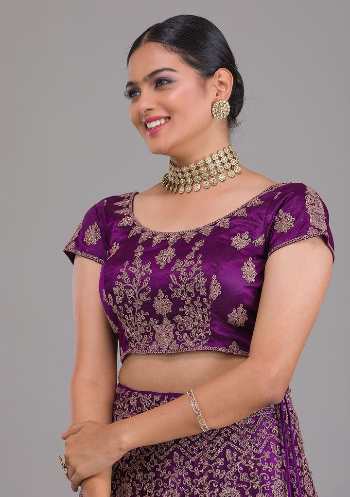 Purple Zariwork Net Semi Stitched Lehenga-Koskii