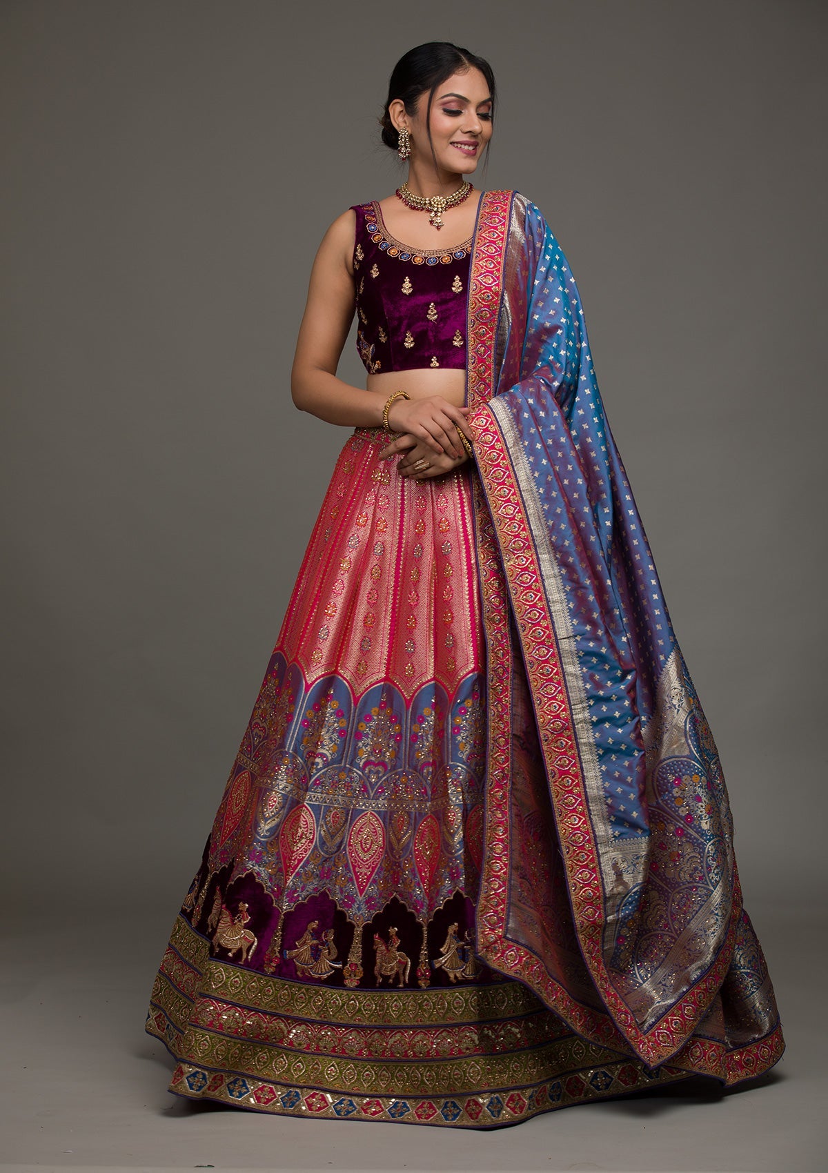 Purple Zariwork Raw Silk Lehenga-koskii