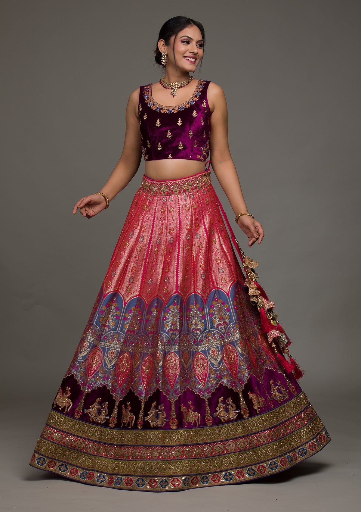 Purple Zariwork Raw Silk Lehenga-koskii