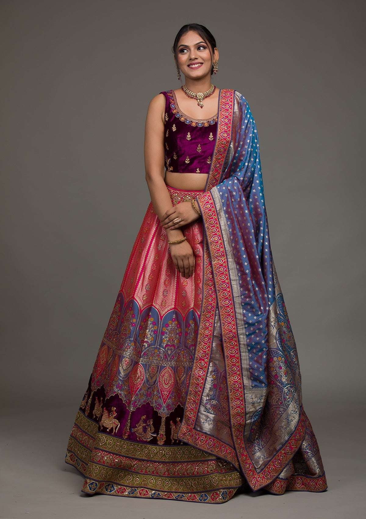 Purple Zariwork Raw Silk Lehenga-koskii
