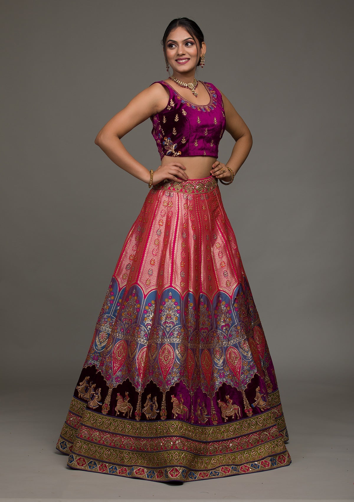 Purple Zariwork Raw Silk Lehenga-koskii