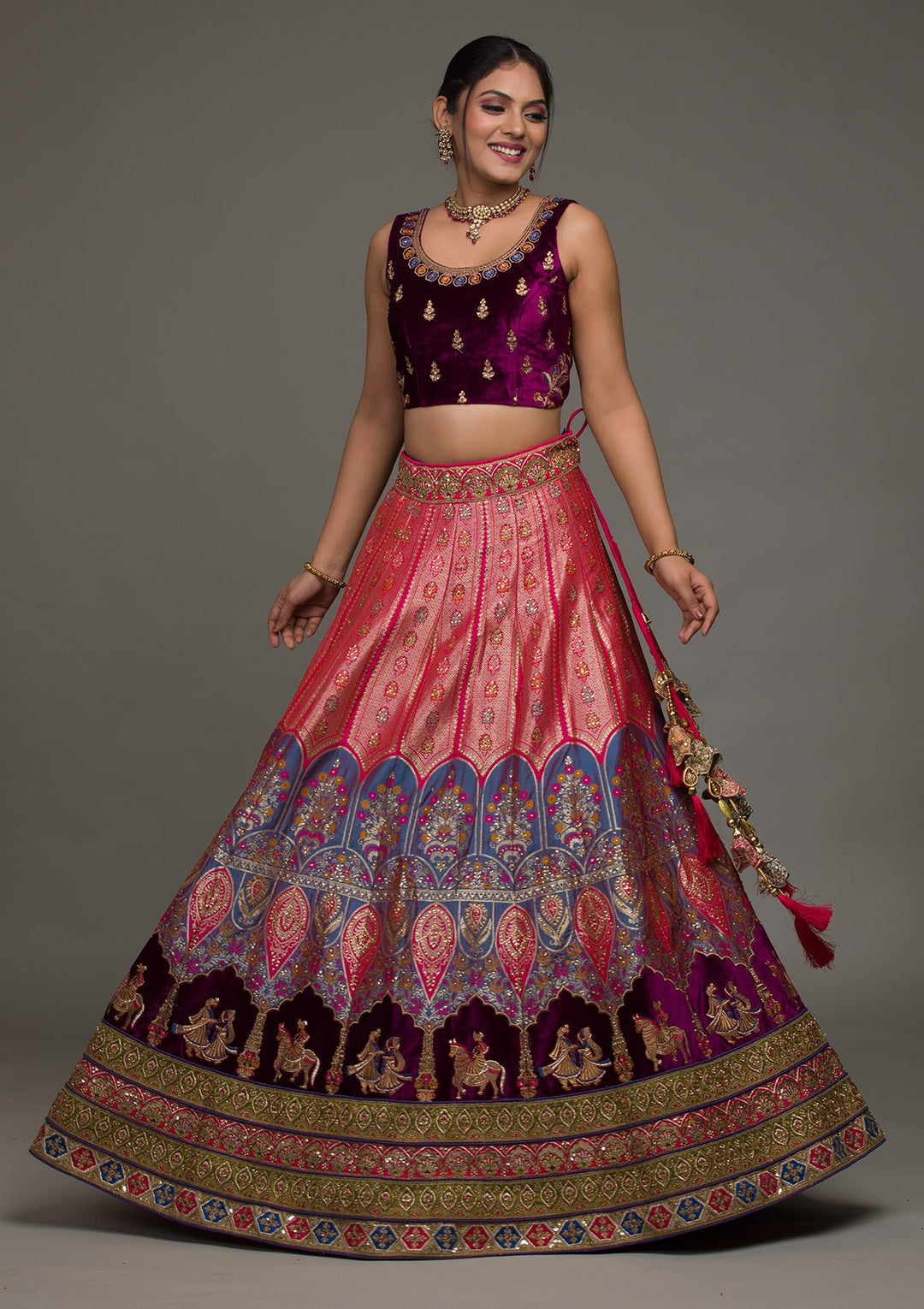 Purple Zariwork Raw Silk Lehenga-koskii