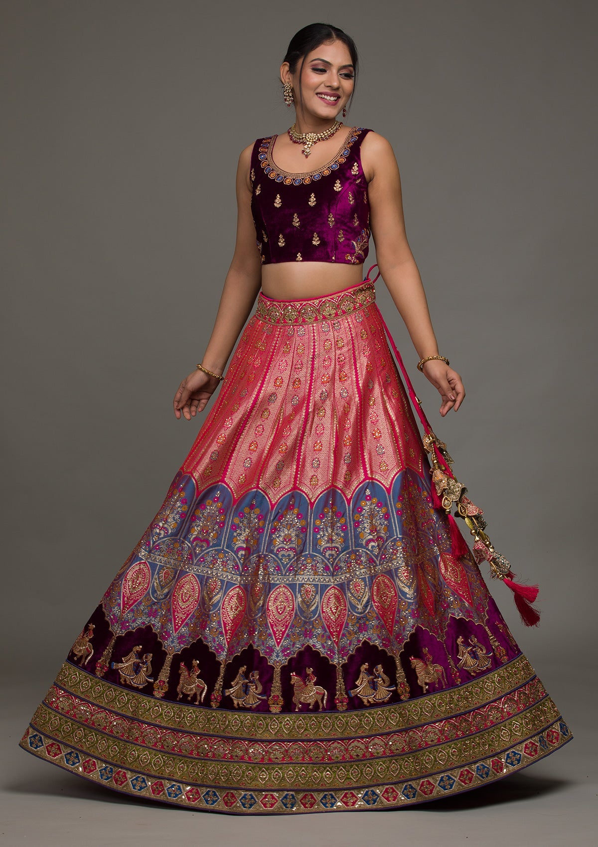 Purple Zariwork Raw Silk Lehenga-koskii