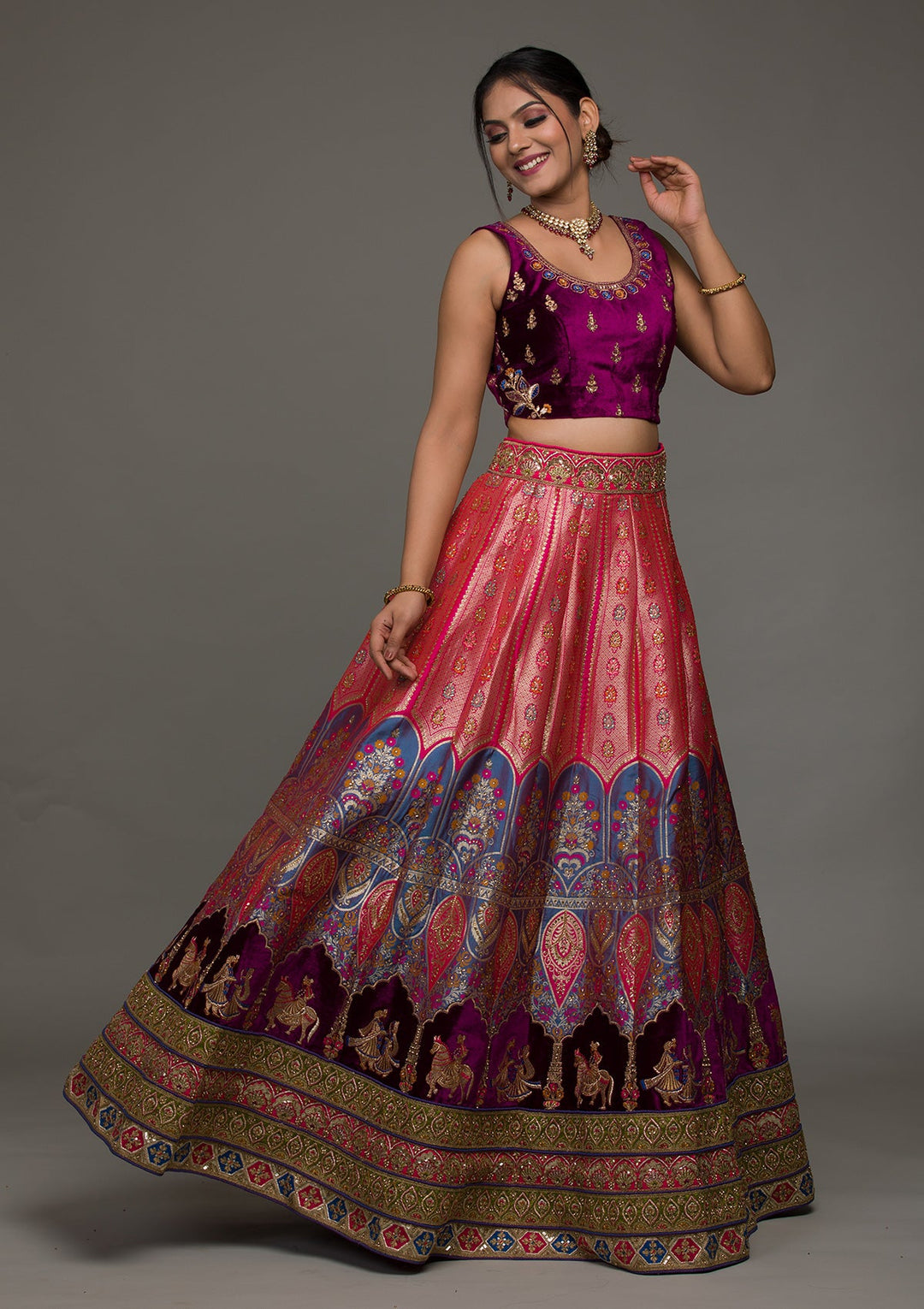 Purple Zariwork Raw Silk Lehenga-koskii