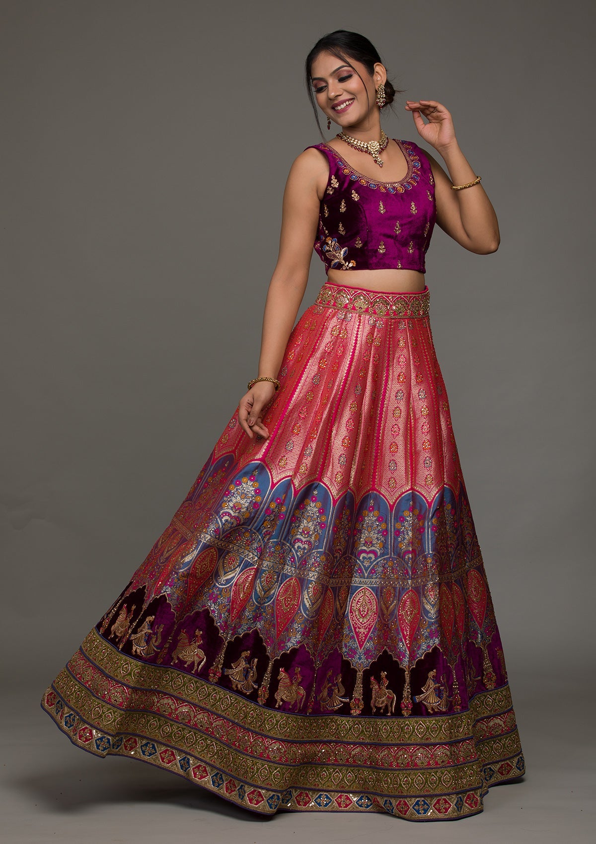 Purple Zariwork Raw Silk Lehenga-koskii
