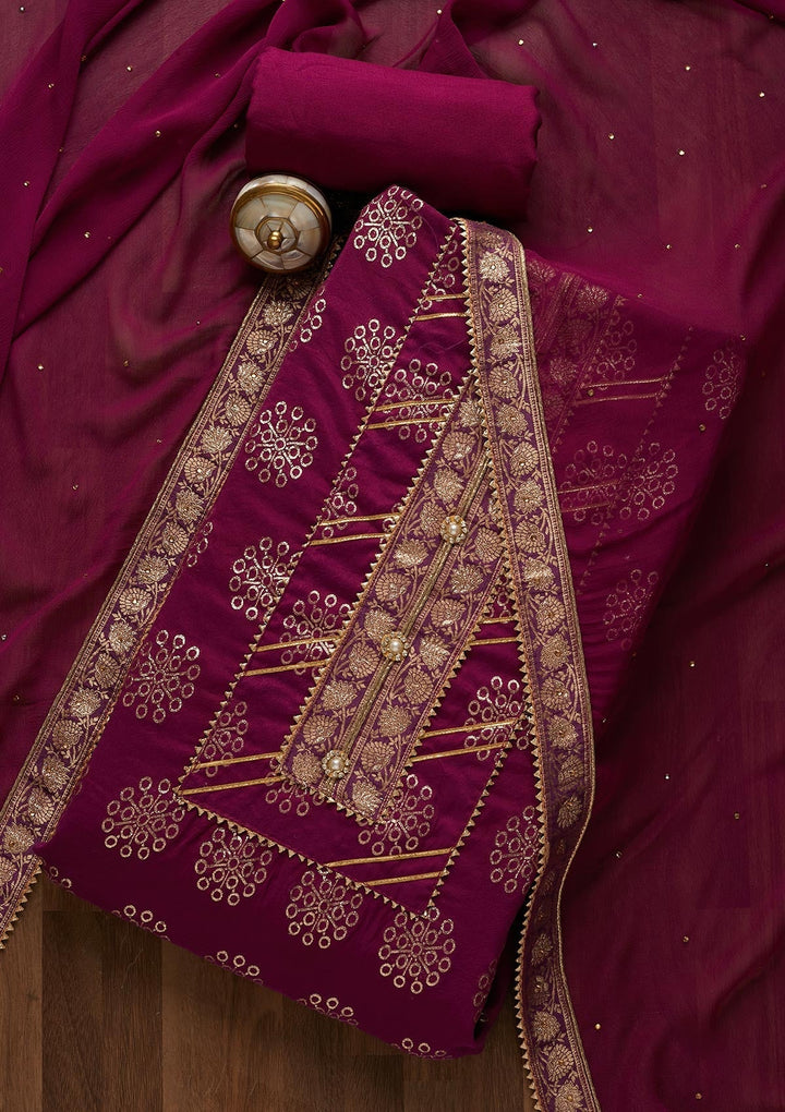 Purple Zariwork Raw Silk Unstitched Salwar Suit-Koskii
