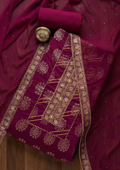 Purple Zariwork Raw Silk Unstitched Salwar Suit-Koskii