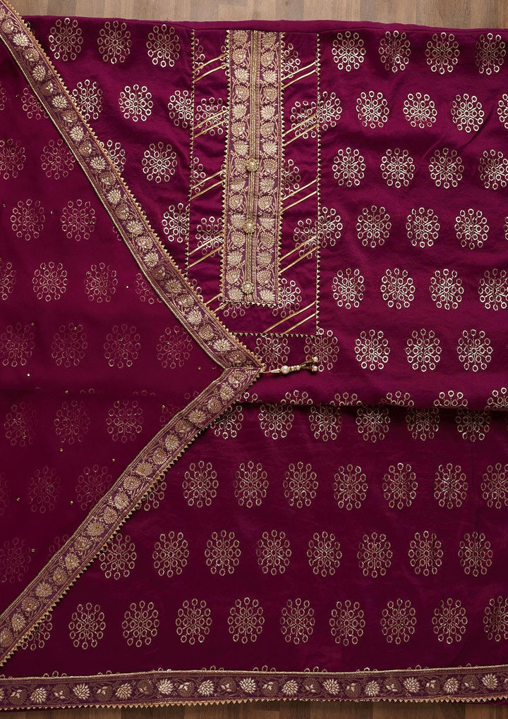 Purple Zariwork Raw Silk Unstitched Salwar Suit-Koskii