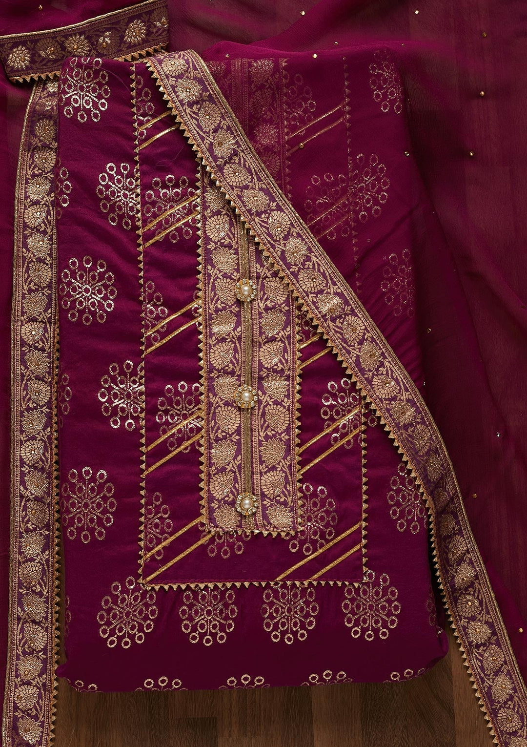 Purple Zariwork Raw Silk Unstitched Salwar Suit-Koskii