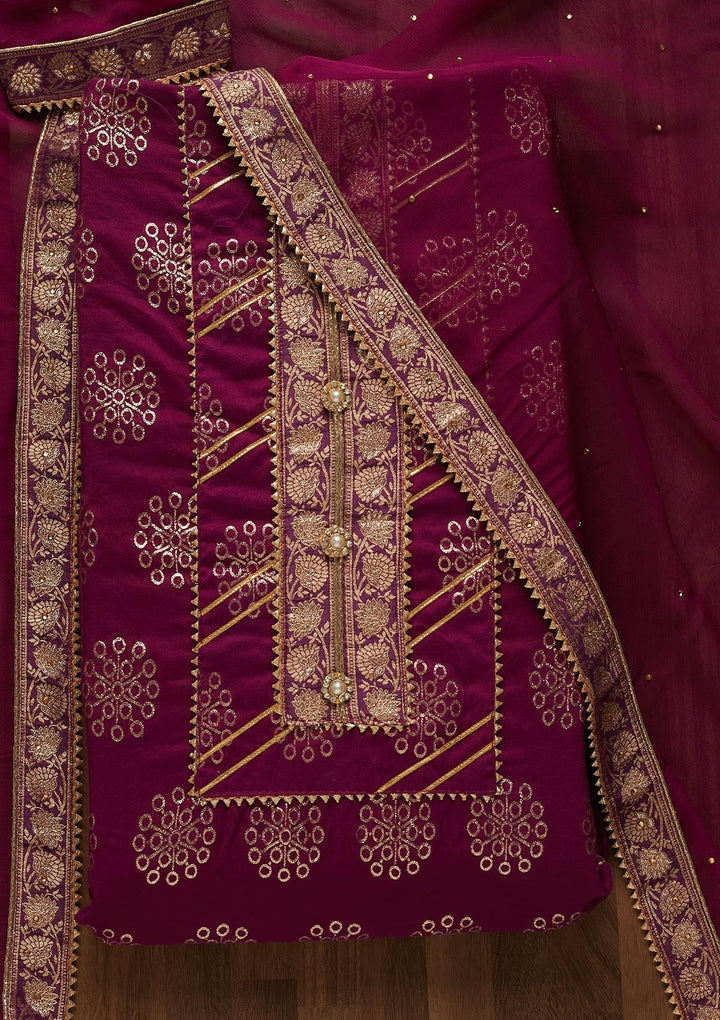 Purple Zariwork Raw Silk Unstitched Salwar Suit-Koskii