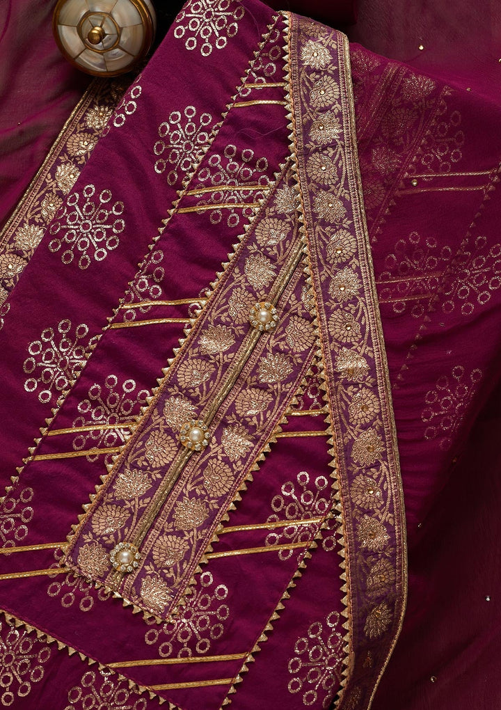 Purple Zariwork Raw Silk Unstitched Salwar Suit-Koskii