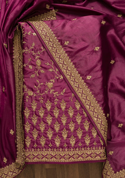 Purple Zariwork Raw Silk Unstitched Salwar Kameez-Koskii