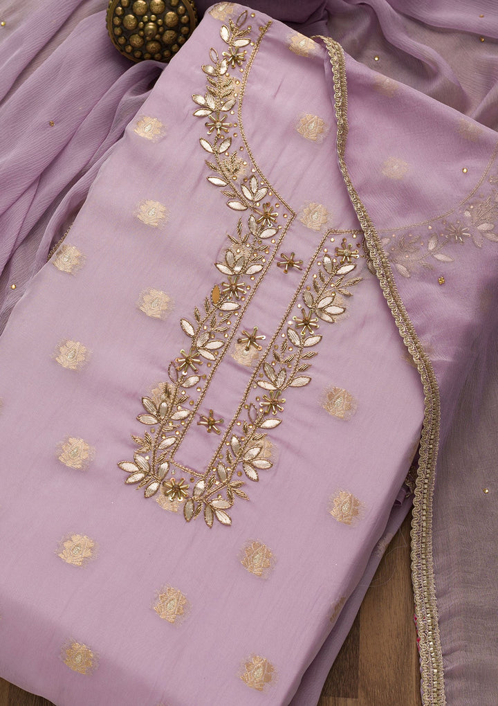Purple Zariwork Semi Crepe Unstitched Salwar Suit-Koskii