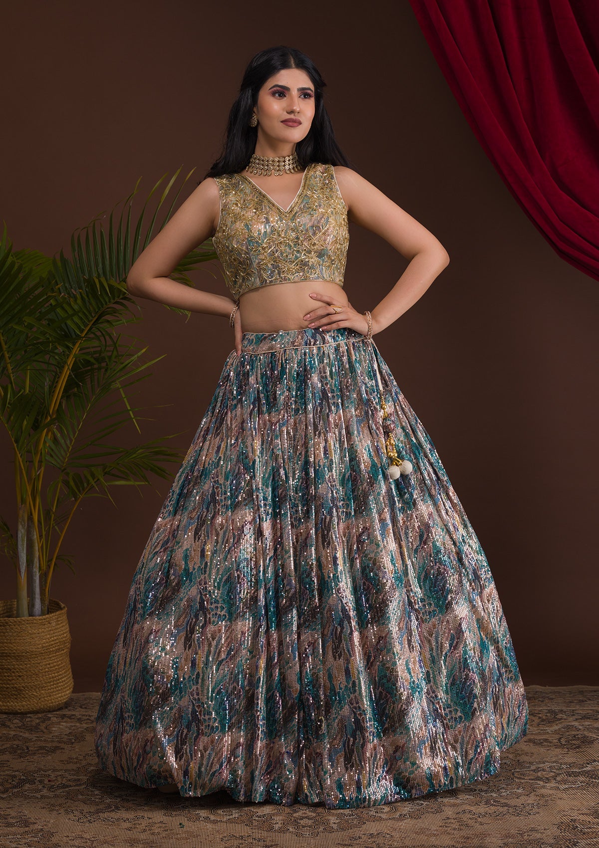 Rama Green Cutdana Net Readymade Lehenga-Koskii