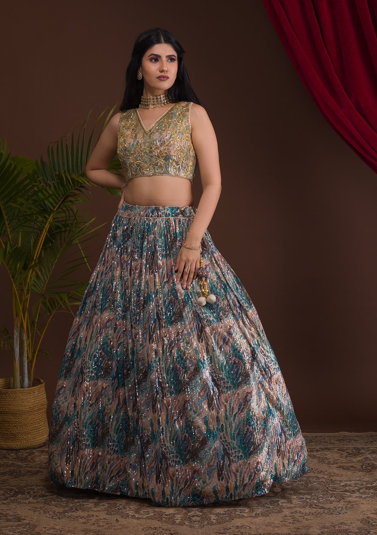 Rama Green Cutdana Net Readymade Lehenga-Koskii