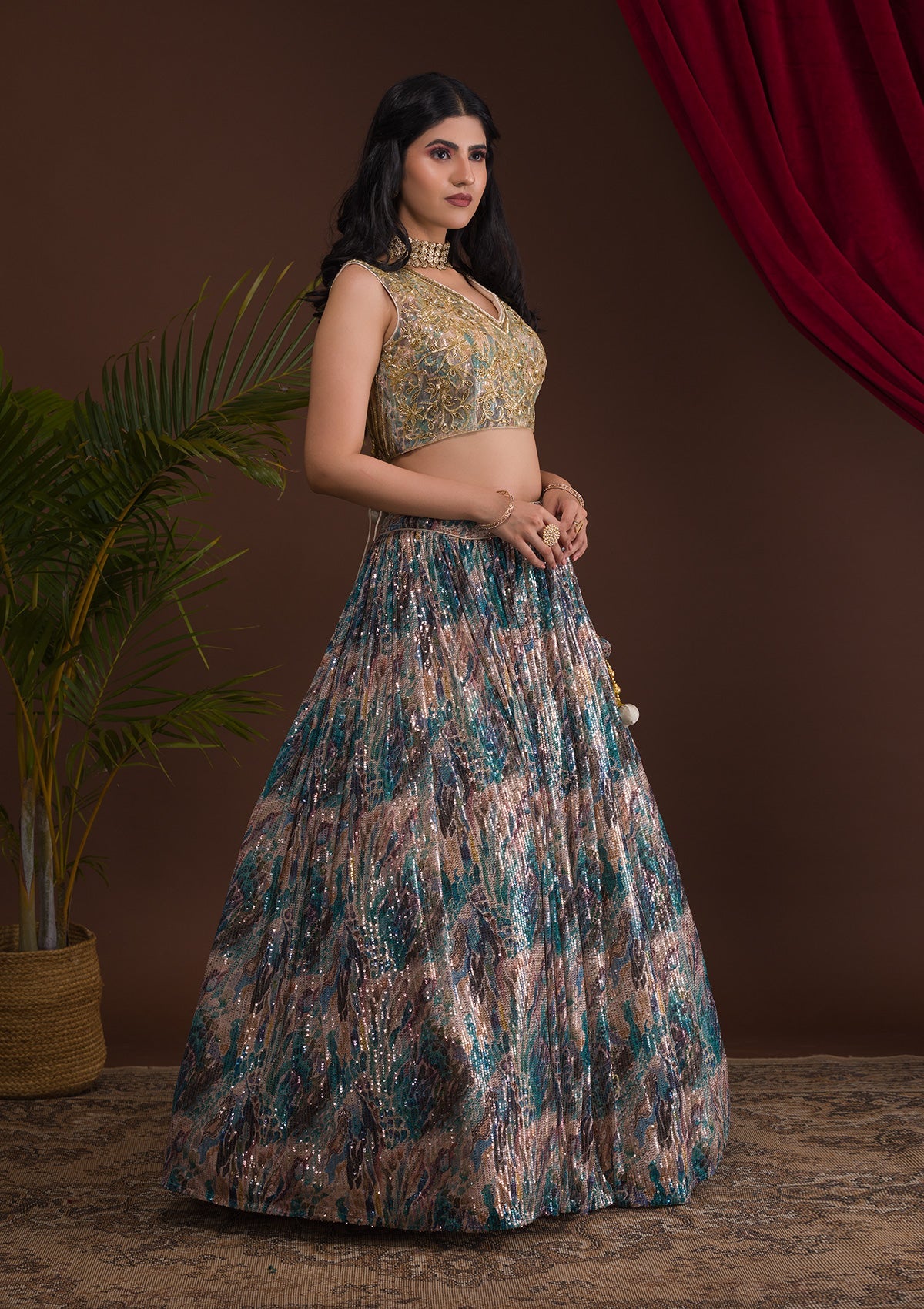 Rama Green Cutdana Net Readymade Lehenga-Koskii