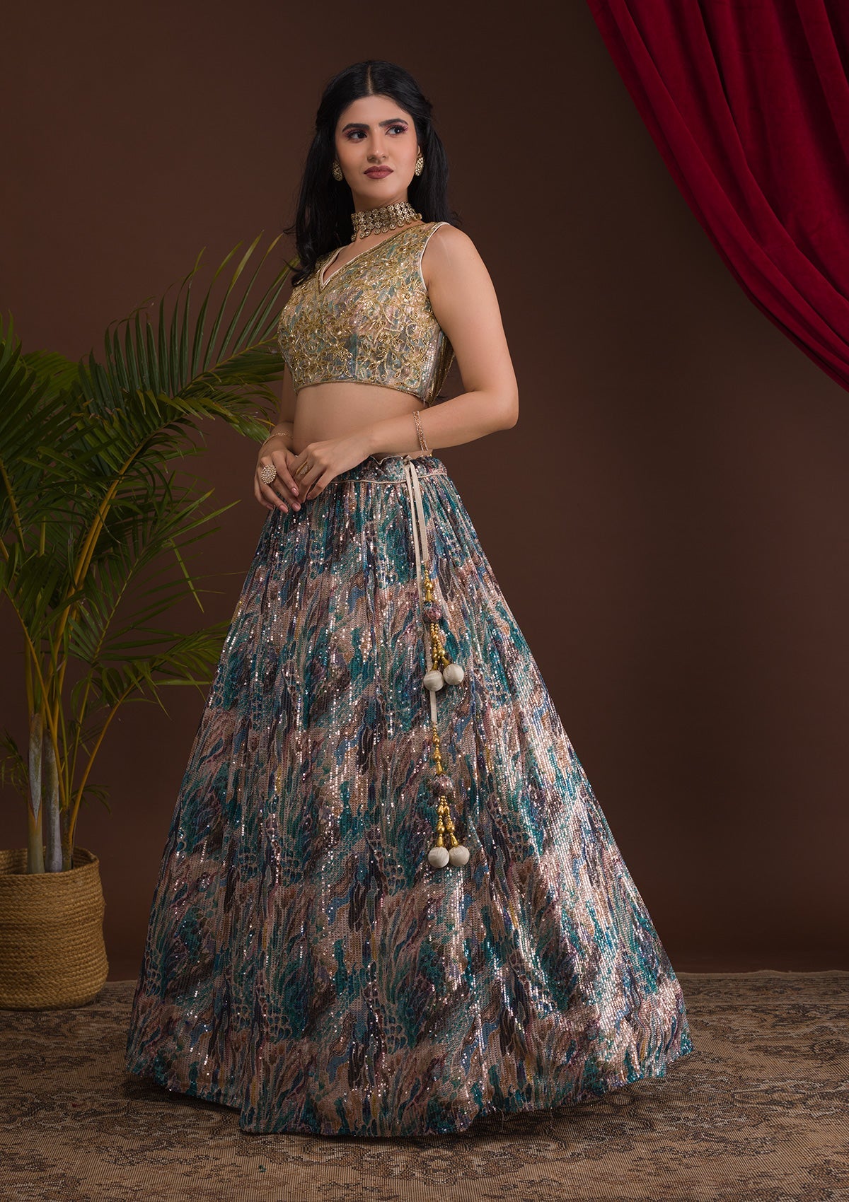 Rama Green Cutdana Net Readymade Lehenga-Koskii