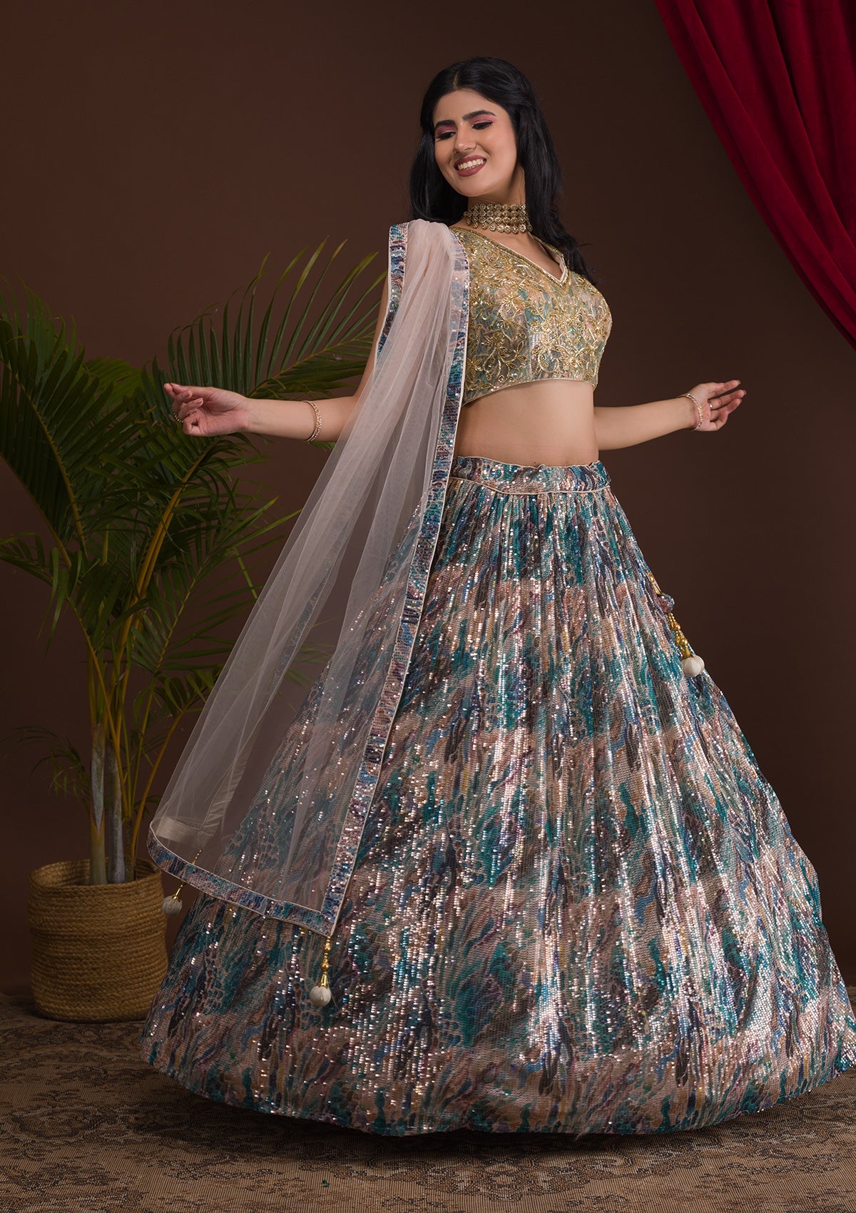 Rama Green Cutdana Net Readymade Lehenga-Koskii
