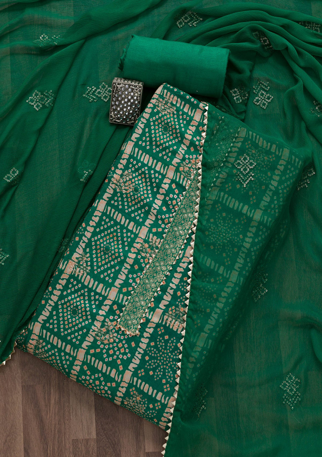 Rama Green Bandhani Semi Crepe Unstitched Salwar Suit-Koskii