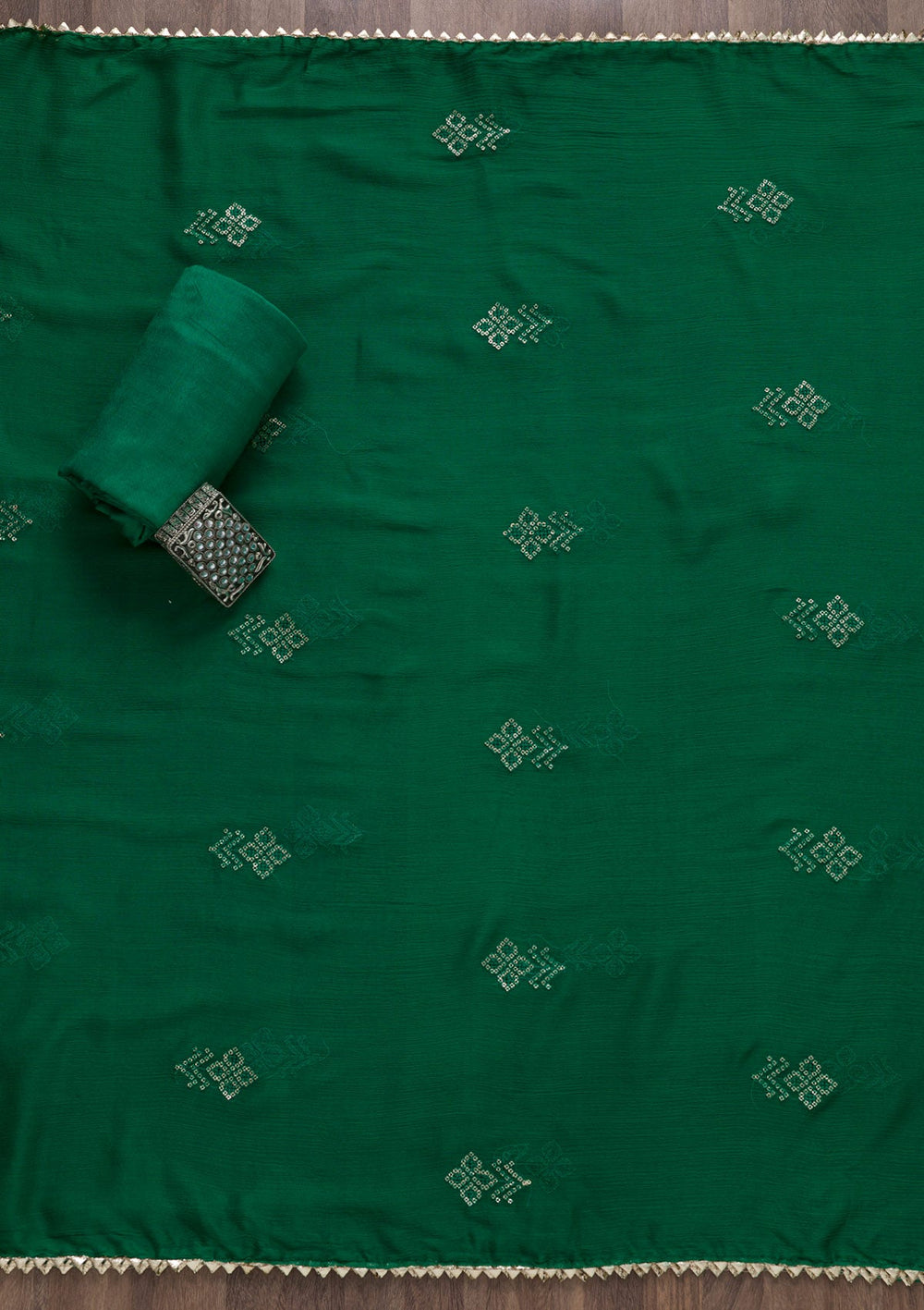 Rama Green Bandhani Semi Crepe Unstitched Salwar Suit-Koskii