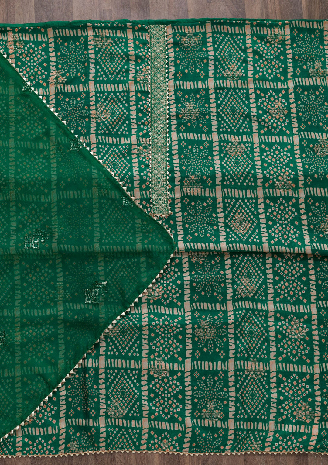 Rama Green Bandhani Semi Crepe Unstitched Salwar Suit-Koskii