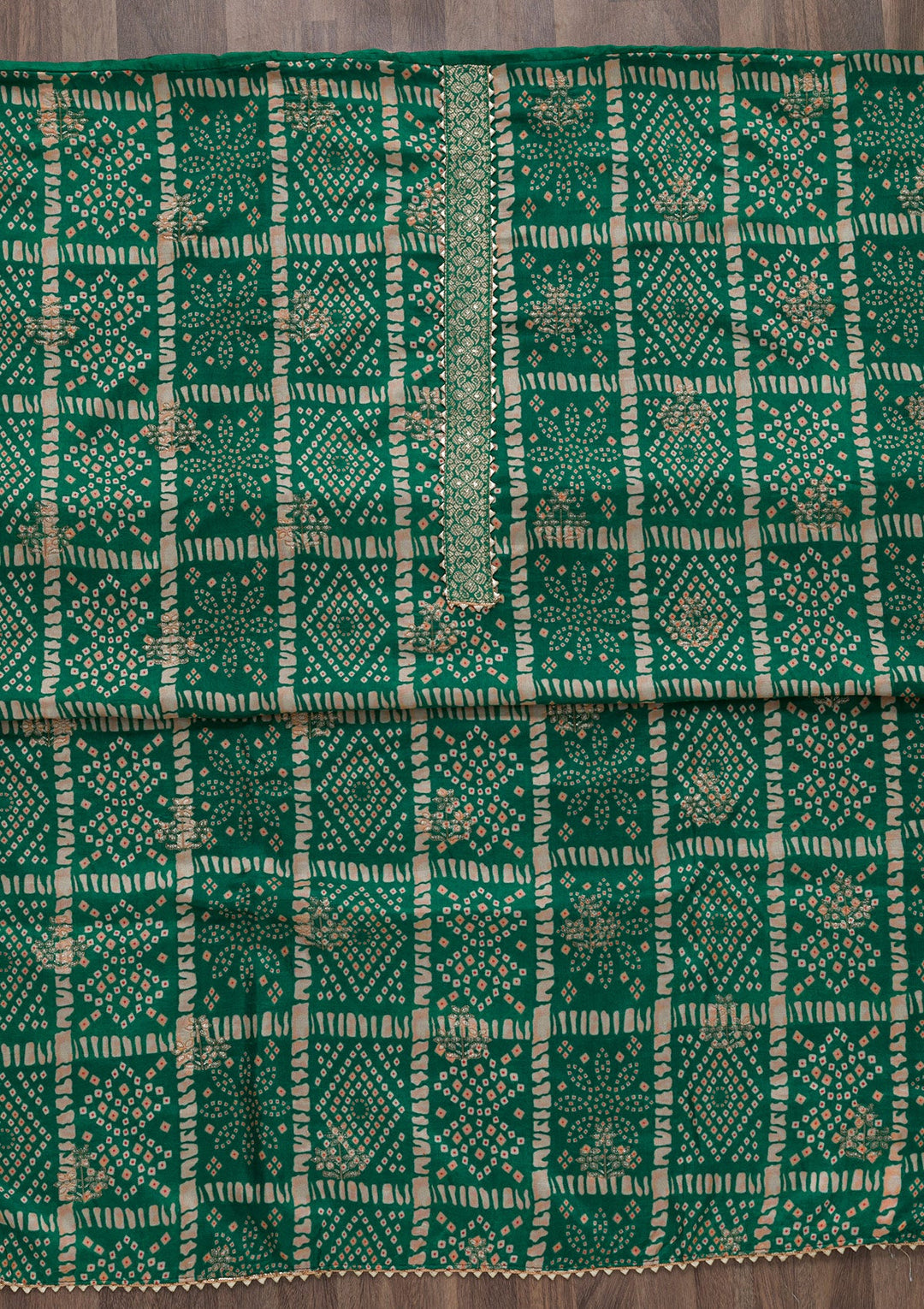 Rama Green Bandhani Semi Crepe Unstitched Salwar Suit-Koskii