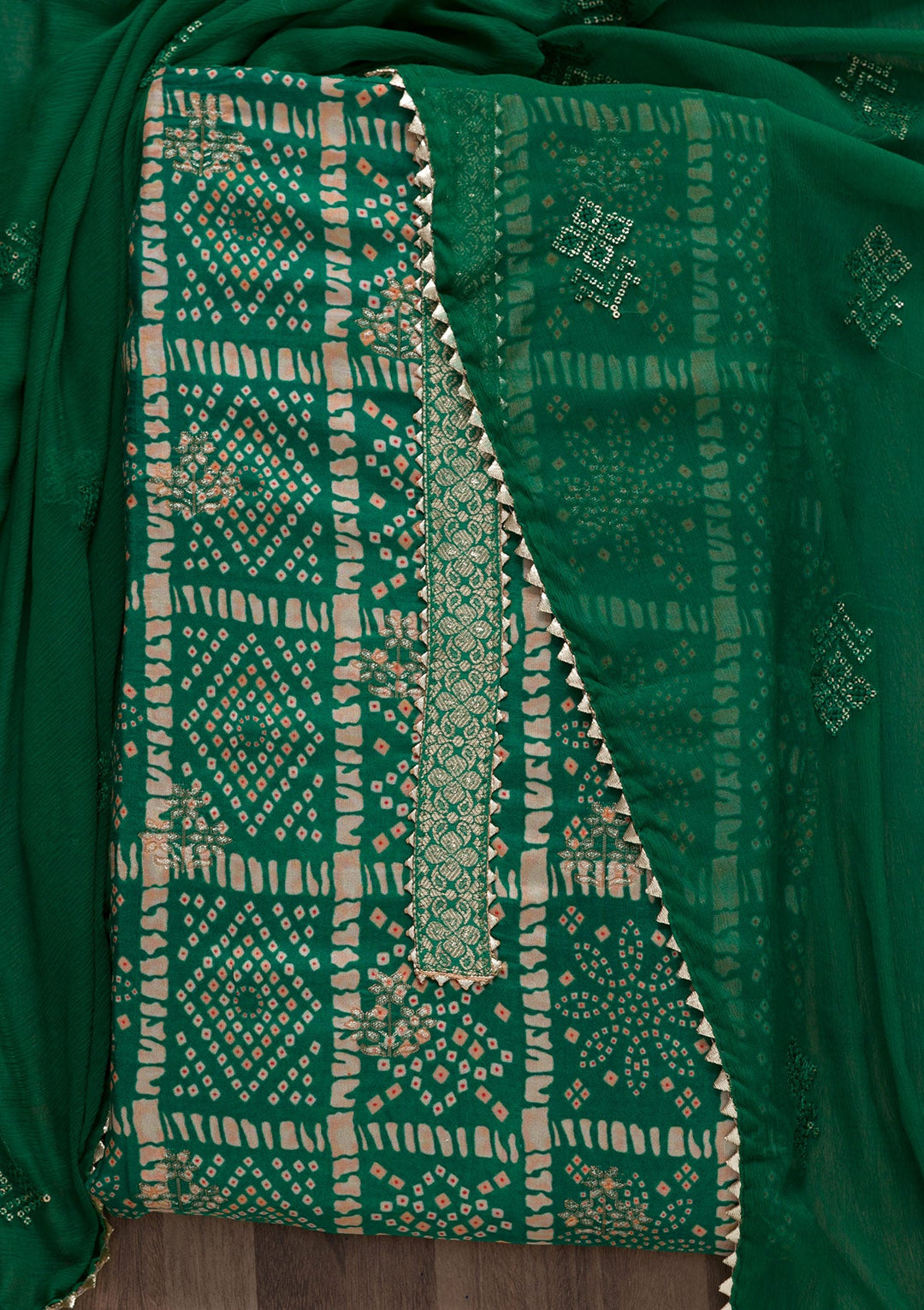 Rama Green Bandhani Semi Crepe Unstitched Salwar Suit-Koskii