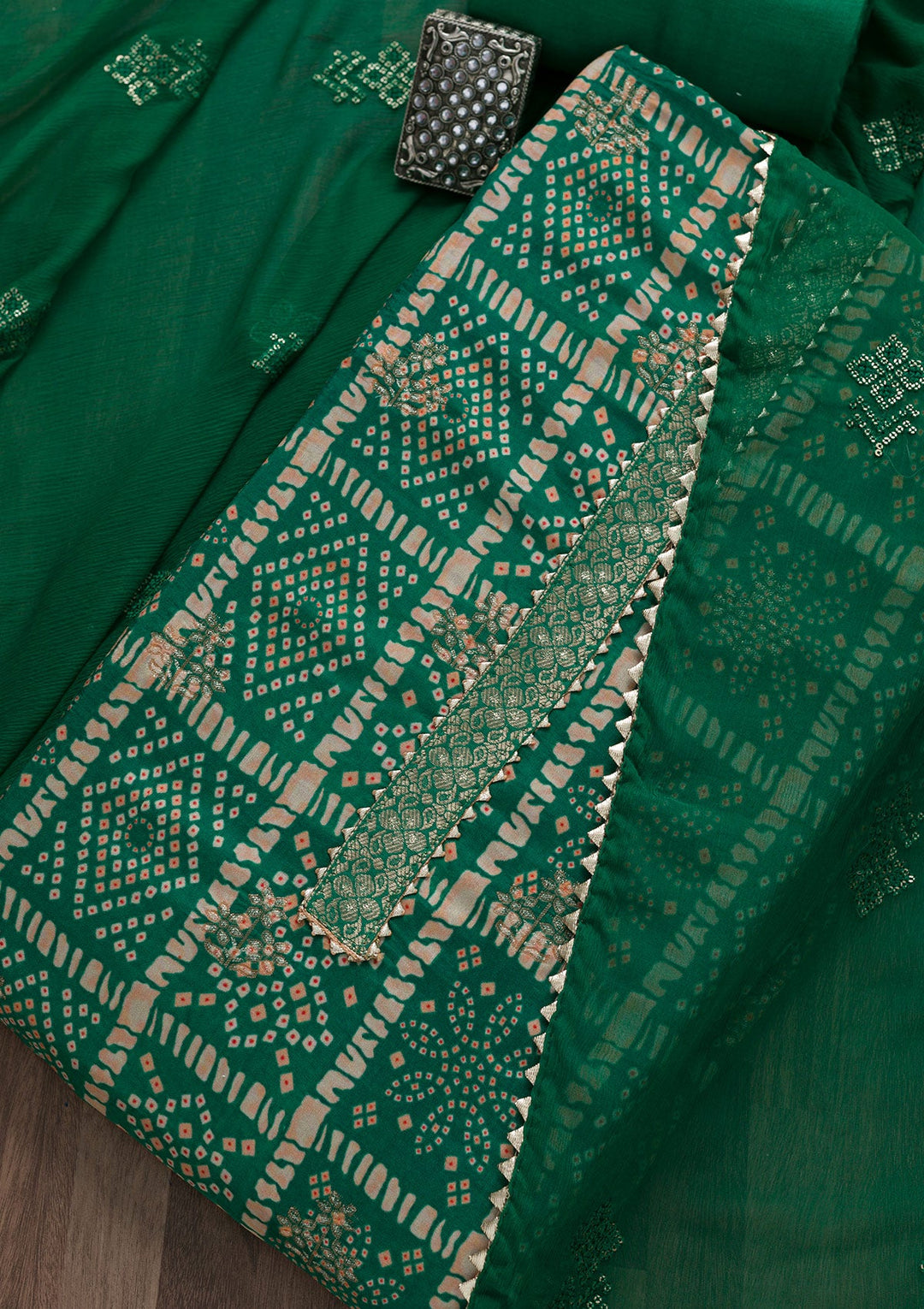 Rama Green Bandhani Semi Crepe Unstitched Salwar Suit-Koskii