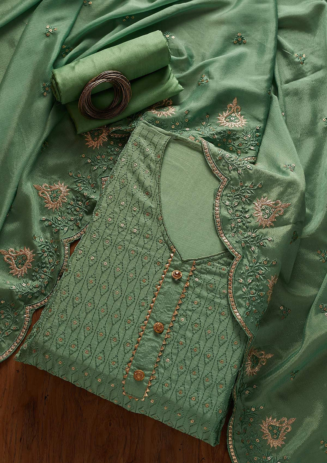 Rama Green Sequins Georgette Designer Unstitched Salwar Suit - koskii