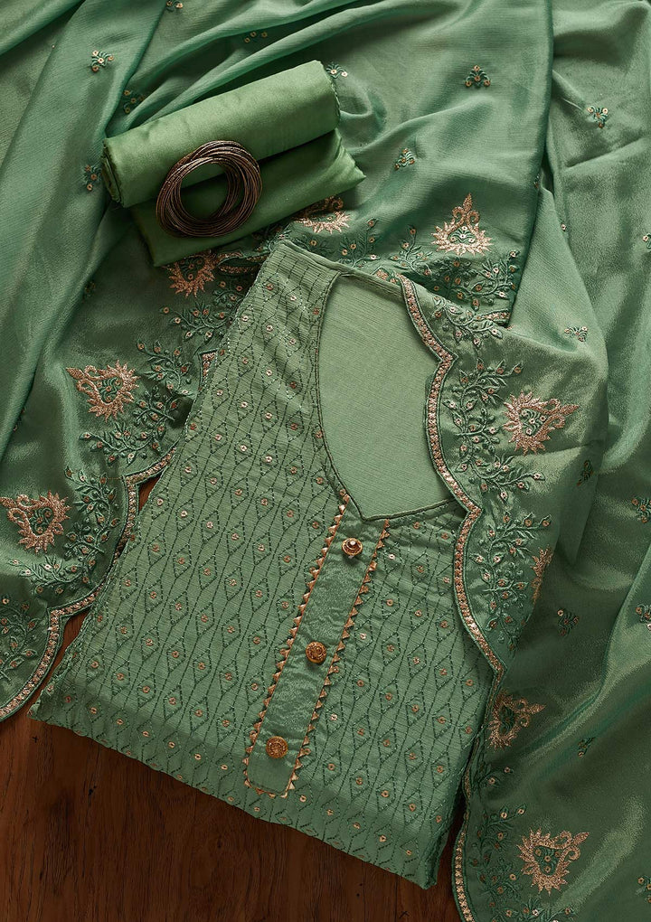 Rama Green Sequins Georgette Designer Unstitched Salwar Suit - koskii